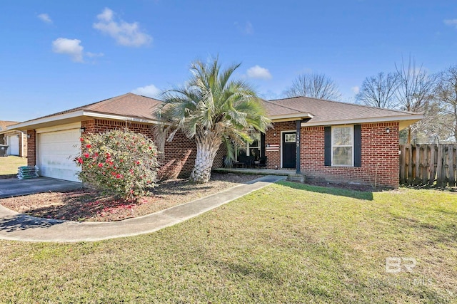 ranch-style house with brick siding, fence, a garage, driveway, and a front lawn