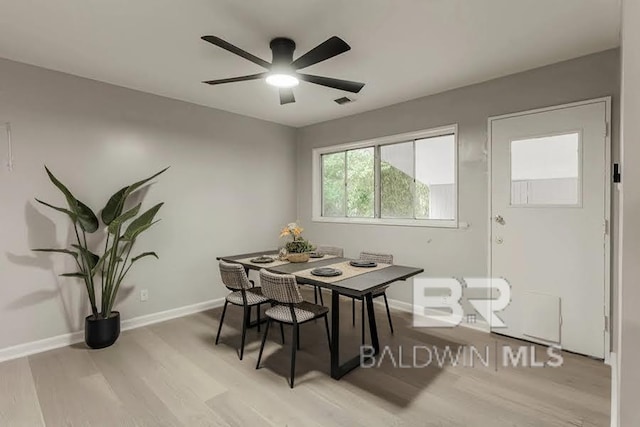 dining area with ceiling fan and light wood-type flooring