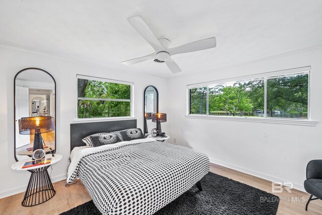 bedroom with light hardwood / wood-style flooring and ceiling fan