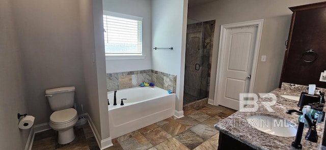 full bathroom featuring tile patterned flooring, toilet, independent shower and bath, and double sink vanity