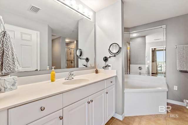 full bathroom featuring tile patterned floors, visible vents, vanity, tiled shower, and a bath