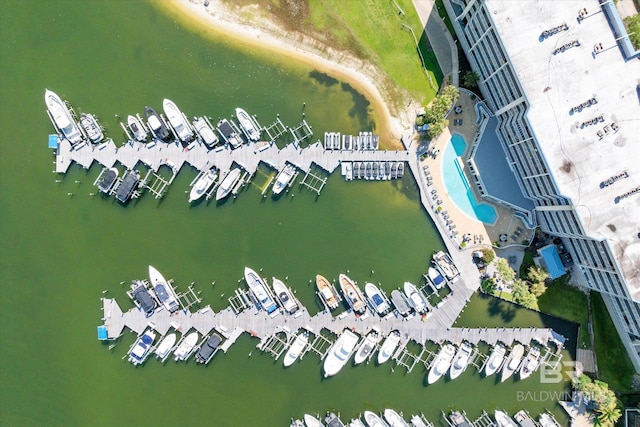 drone / aerial view with a water view