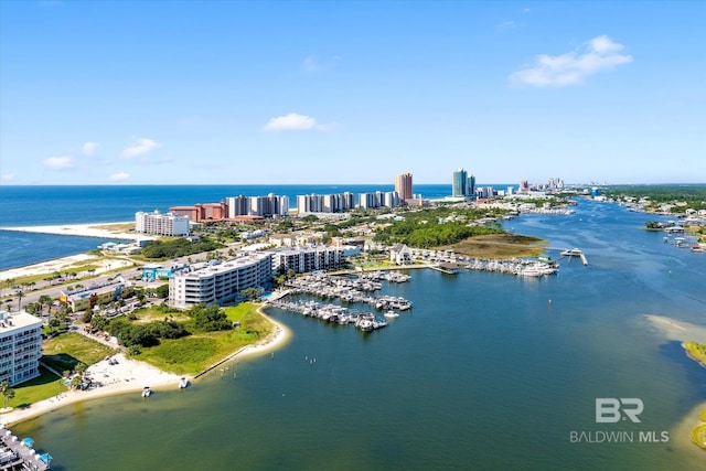 bird's eye view featuring a water view and a city view