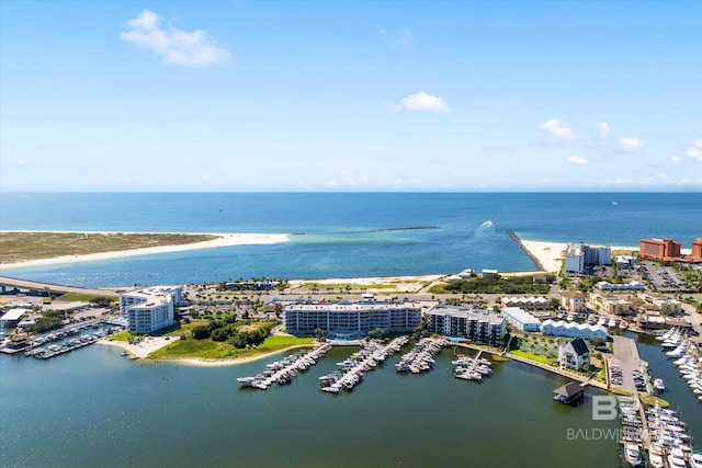 birds eye view of property with a water view and a view of city