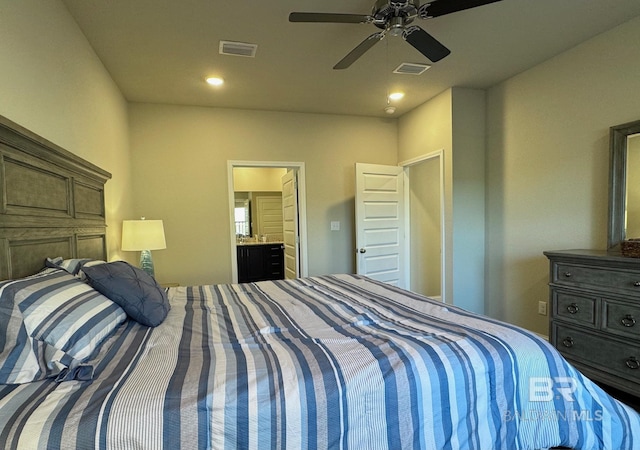 bedroom featuring ceiling fan and connected bathroom