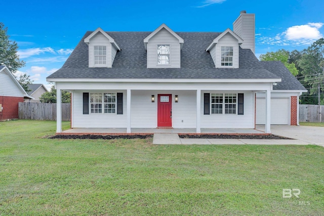 24477 Harvester Dr, Loxley, AL 36551 - cape cod home featuring fence, a shingled roof, a garage, a chimney, and covered porch