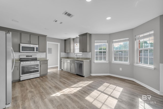 24477 Harvester Dr, Loxley, AL 36551 - kitchen featuring gray cabinets, visible vents, tasteful backsplash, a sink, and stainless steel appliances