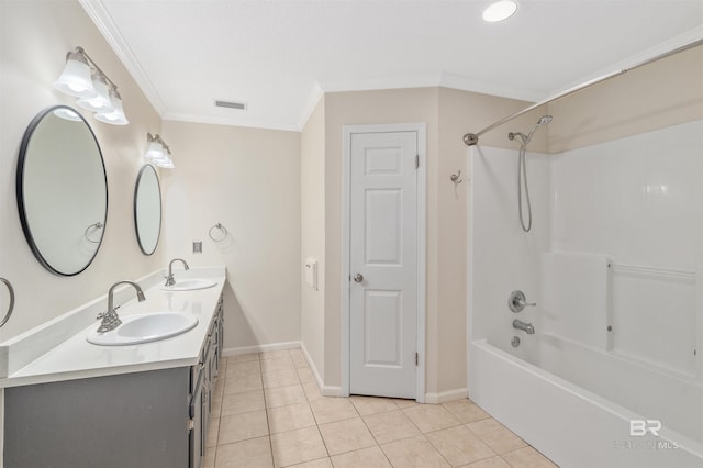 25779 Austin Rd, Daphne, AL 36526 - bathroom featuring crown molding, double vanity, shower / tub combination, tile patterned flooring, and baseboards