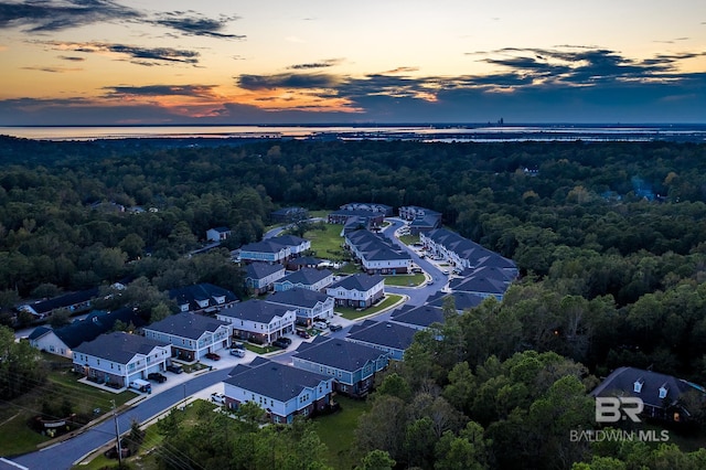 view of aerial view at dusk