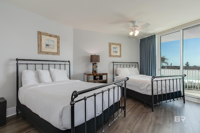 bedroom featuring hardwood / wood-style floors, access to outside, and ceiling fan