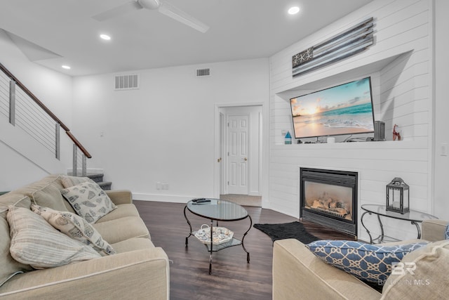 1352 W Fairway Dr, Gulf Shores, AL 36542 - living room featuring visible vents, recessed lighting, wood finished floors, and a large fireplace
