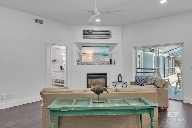 1352 W Fairway Dr, Gulf Shores, AL 36542 - living room featuring recessed lighting, a fireplace, dark wood-style floors, and visible vents