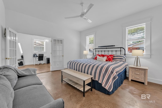 1352 W Fairway Dr, Gulf Shores, AL 36542 - bedroom with baseboards, finished concrete flooring, ceiling fan, and french doors
