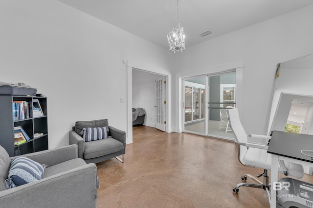 1352 W Fairway Dr, Gulf Shores, AL 36542 - office space featuring french doors, concrete floors, and a notable chandelier