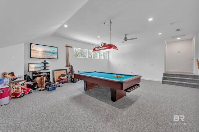 1352 W Fairway Dr, Gulf Shores, AL 36542 - recreation room featuring pool table, a ceiling fan, carpet flooring, and visible vents