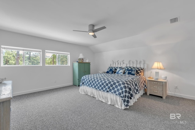 1352 W Fairway Dr, Gulf Shores, AL 36542 - bedroom with visible vents, carpet floors, a ceiling fan, baseboards, and vaulted ceiling