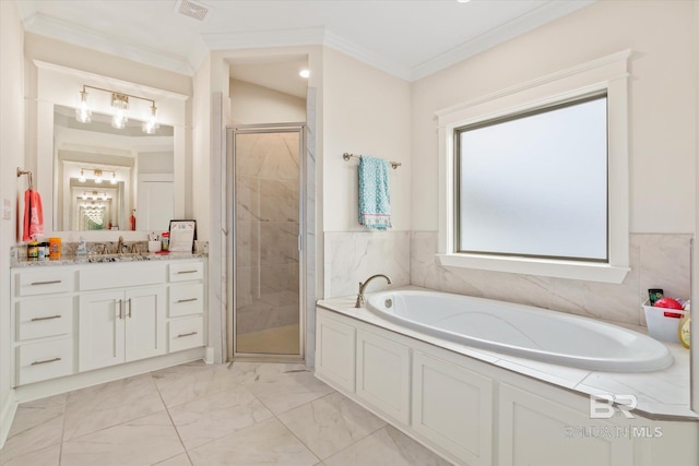 bathroom featuring visible vents, ornamental molding, a shower stall, a bath, and marble finish floor