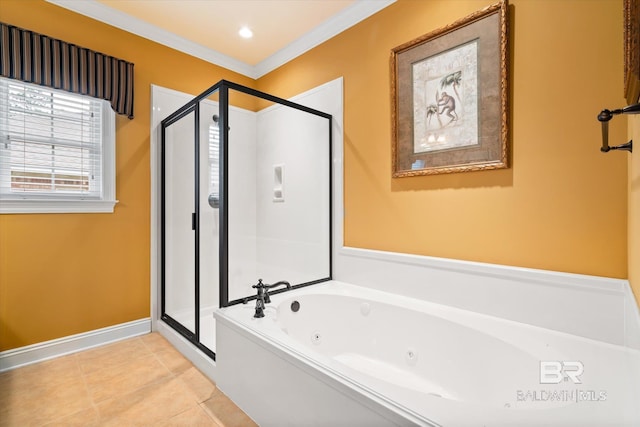 full bath featuring tile patterned flooring, a shower stall, baseboards, and a whirlpool tub