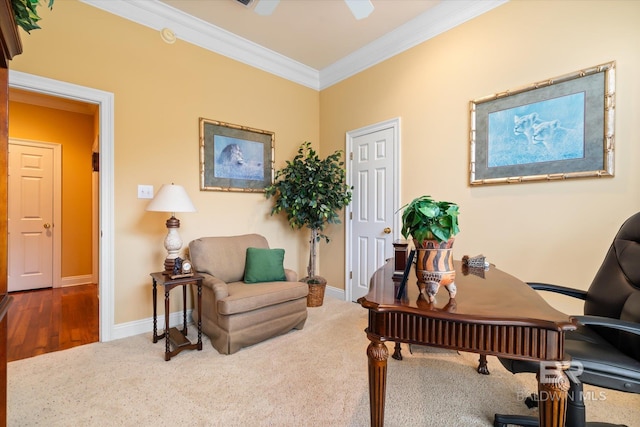 office featuring crown molding, carpet, and baseboards