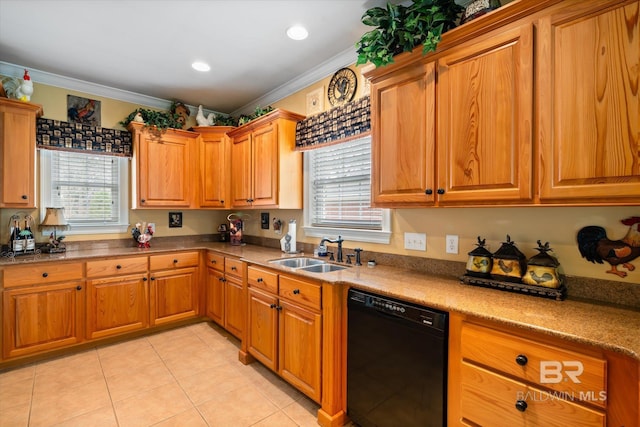kitchen featuring ornamental molding, black dishwasher, a wealth of natural light, and a sink