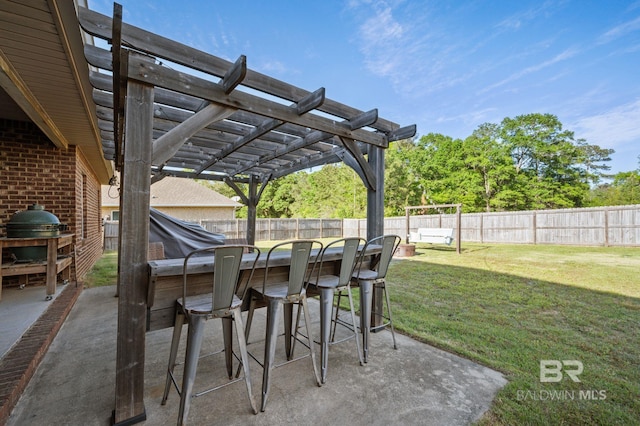 view of patio / terrace with a fenced backyard, outdoor dry bar, a pergola, and a grill