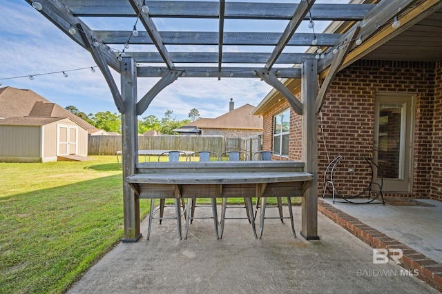 view of patio with a storage shed, a pergola, an outbuilding, and a fenced backyard