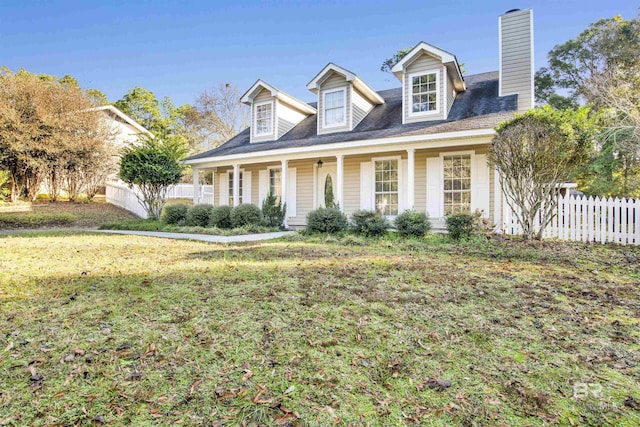 cape cod-style house with a front yard and covered porch