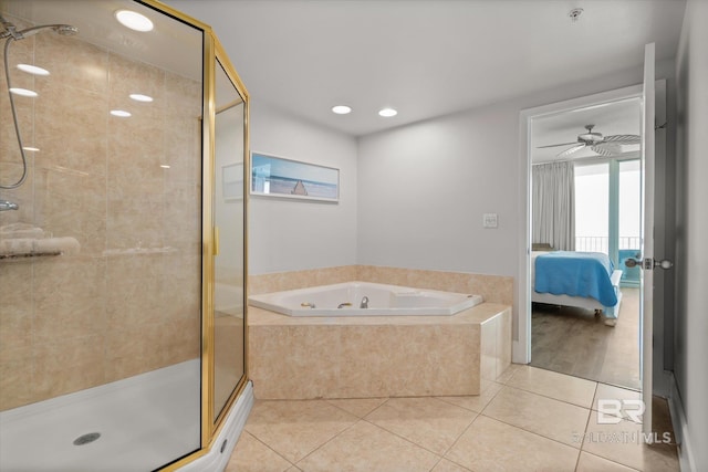 bathroom featuring tile patterned floors, ceiling fan, and shower with separate bathtub