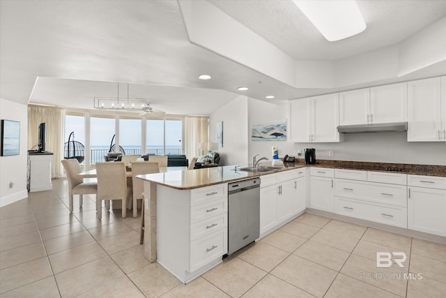 kitchen with white cabinetry, sink, ceiling fan, stainless steel dishwasher, and kitchen peninsula