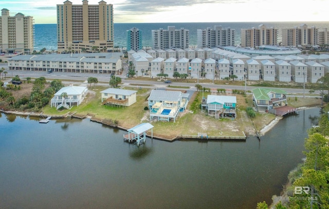 bird's eye view with a water view