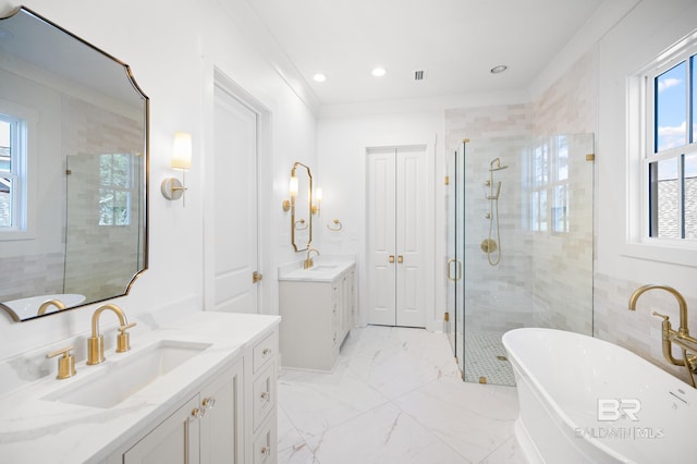 bathroom featuring vanity, separate shower and tub, tile walls, and crown molding