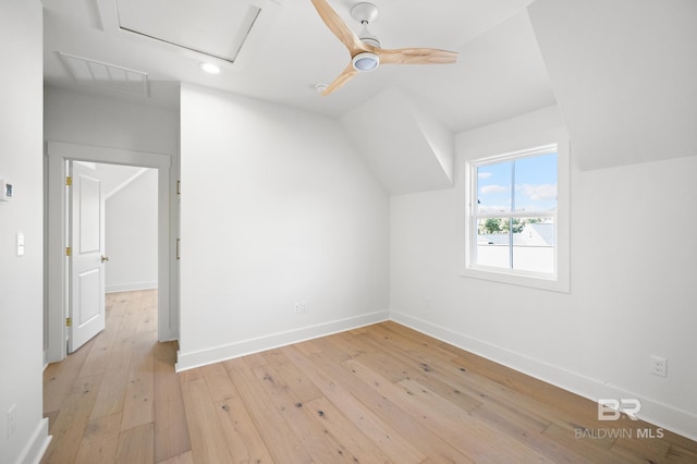 additional living space with ceiling fan and light hardwood / wood-style floors