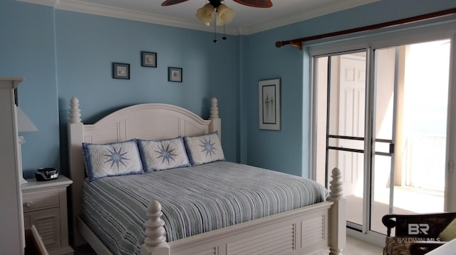 bedroom with ceiling fan and crown molding