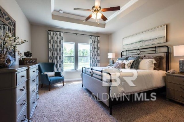 carpeted bedroom with a raised ceiling and ceiling fan