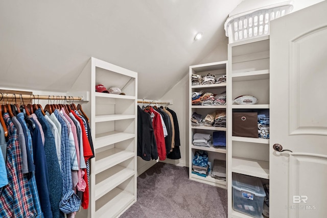 walk in closet featuring carpet floors and vaulted ceiling