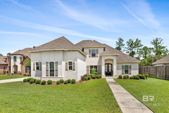 view of front of property with french doors and a front lawn