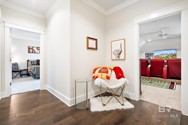 hallway with dark hardwood / wood-style floors and ornamental molding