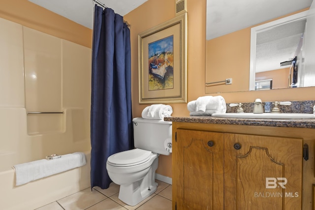 full bathroom with vanity, tile patterned flooring, shower / bathtub combination with curtain, and toilet