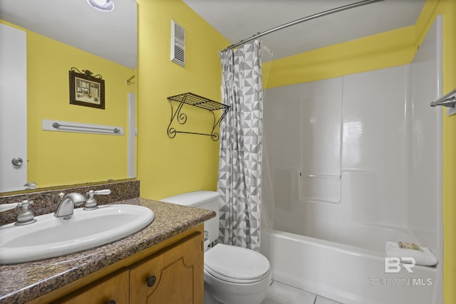 full bathroom featuring tile patterned flooring, vanity, toilet, and shower / bathtub combination with curtain