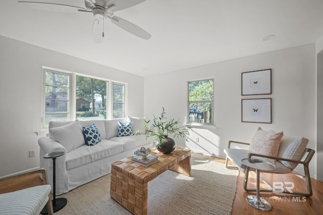 living room featuring a ceiling fan and light wood finished floors