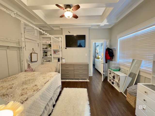 900 Hand Ave, Bay Minette, AL 36507 - bedroom with coffered ceiling, dark wood-style floors, beamed ceiling, crown molding, and a ceiling fan
