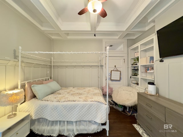 900 Hand Ave, Bay Minette, AL 36507 - bedroom with dark wood-style floors, coffered ceiling, a decorative wall, beamed ceiling, and crown molding