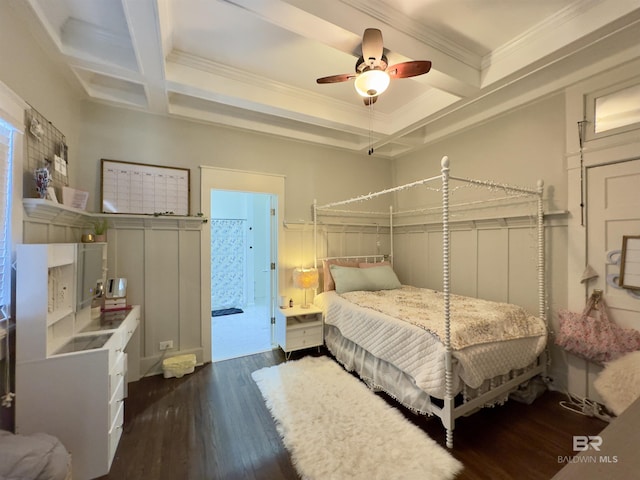 900 Hand Ave, Bay Minette, AL 36507 - bedroom with coffered ceiling, dark wood-style floors, beamed ceiling, crown molding, and ceiling fan