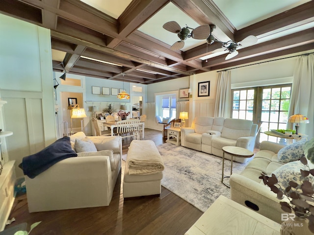 900 Hand Ave, Bay Minette, AL 36507 - living room with a decorative wall, coffered ceiling, beam ceiling, dark wood-style floors, and ceiling fan