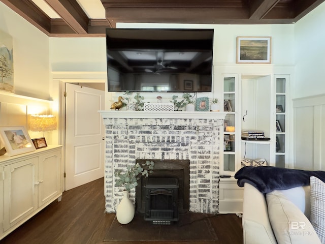 900 Hand Ave, Bay Minette, AL 36507 - living room with dark wood finished floors, ceiling fan, beam ceiling, and ornamental molding