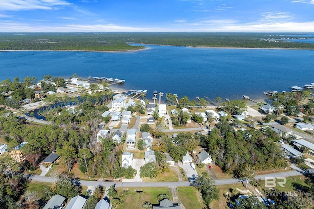 drone / aerial view with a water view