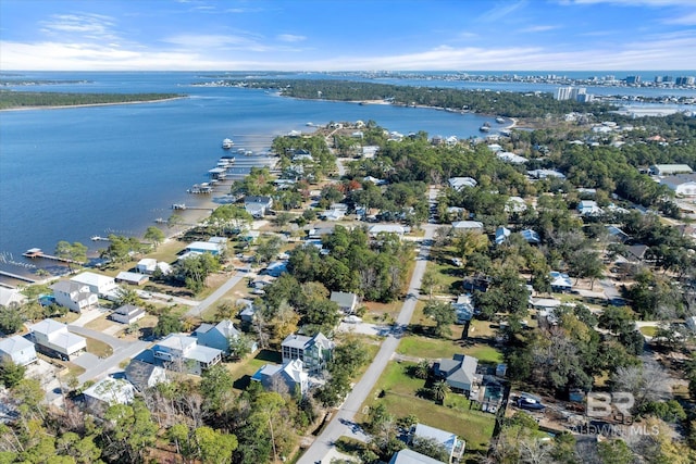 drone / aerial view with a water view