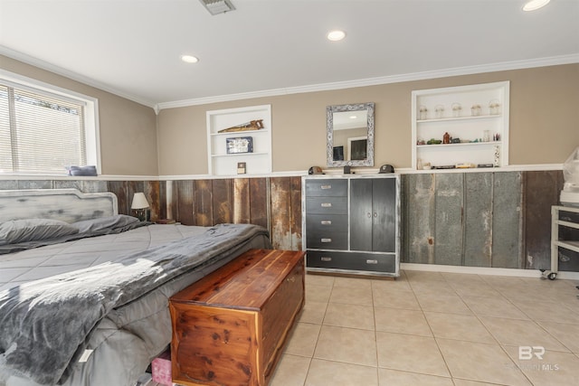 tiled bedroom featuring crown molding