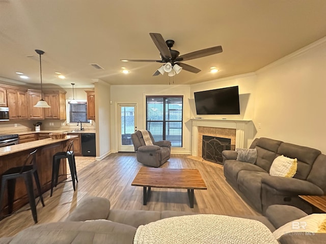 living room featuring sink, crown molding, light hardwood / wood-style flooring, and ceiling fan