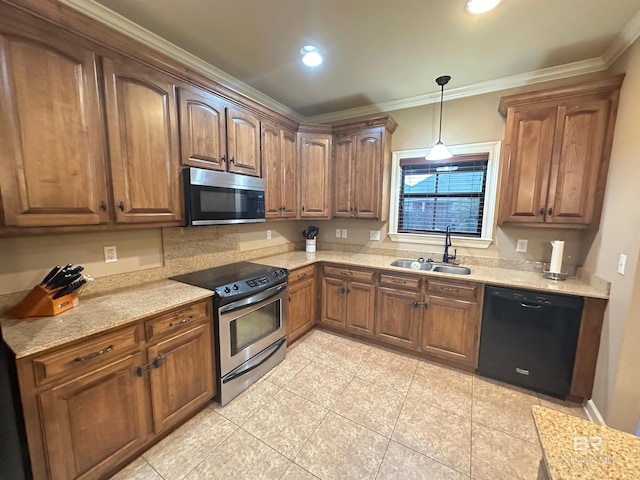 kitchen featuring stainless steel appliances, ornamental molding, light stone countertops, and sink